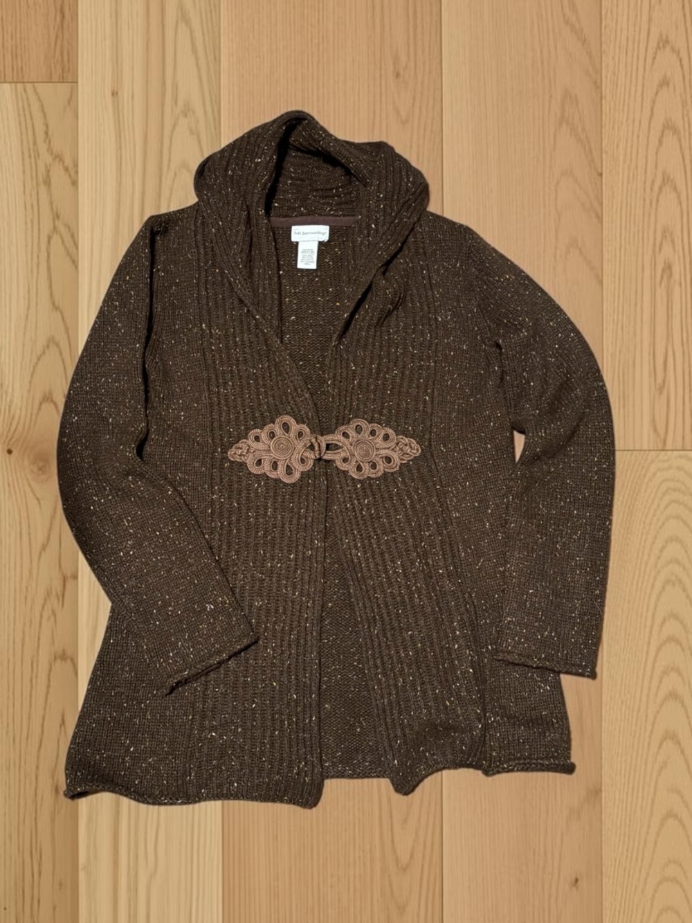 Soft Surroundings Cardigan Women S Wool Cashmere Brown Tweed Shawl Collar Clasp